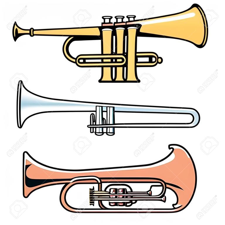 Zestaw instrumentów muzycznych dętych trąbka puzon tuba, kolor na białym tle ilustracji wektorowych.