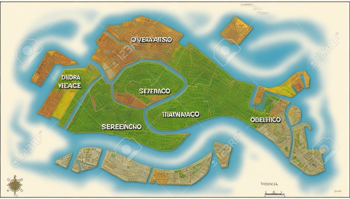 Overview map of the six historical districts of Venice, Italy