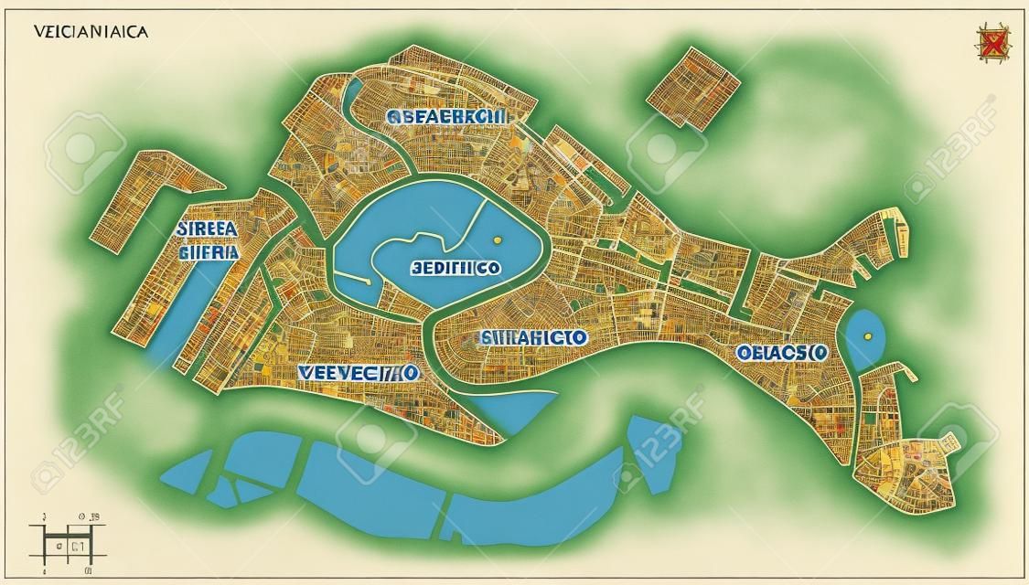 Carte générale des six quartiers historiques de Venise, Italie