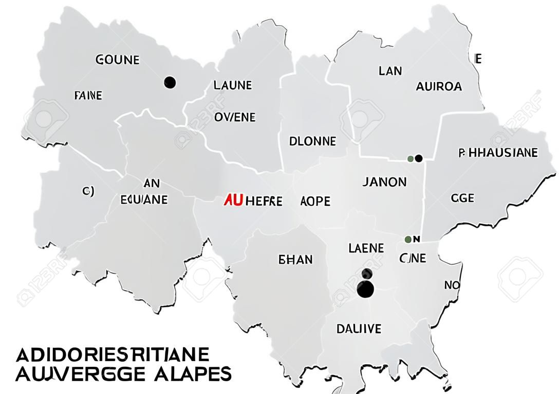 新しいフランス地域オーヴェルニュ=ローヌ=アルプのシンプルな灰色の行政地図