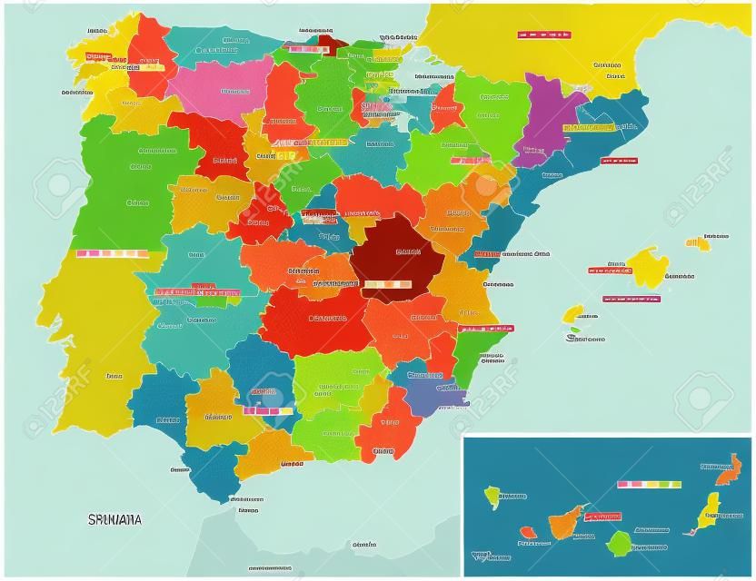 Kolorowa wektorowa mapa administracyjna i polityczna hiszpańskich prowincji i regionów