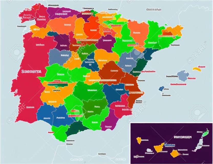 Kolorowa wektorowa mapa administracyjna i polityczna hiszpańskich prowincji i regionów