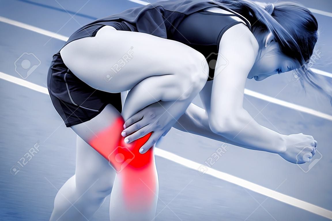Athlete woman has knee injury, pain in leg during running training