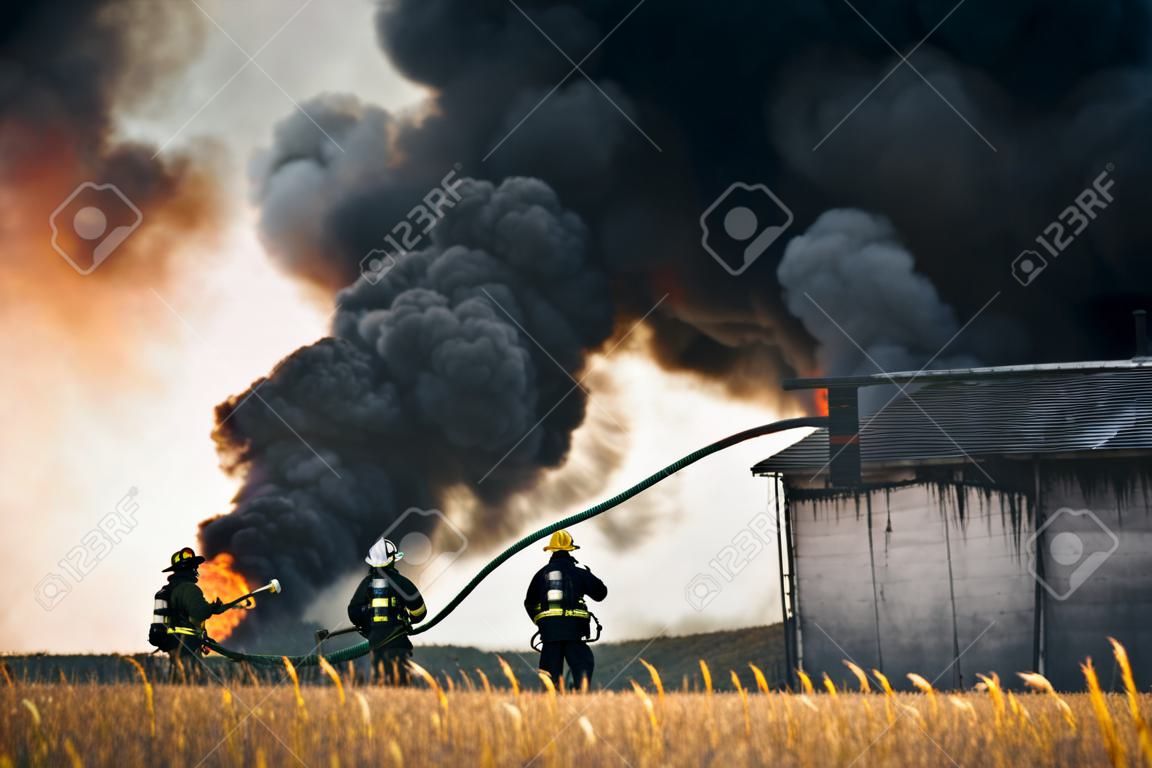 Escena dramática. Bomberos contra un gran incendio bajo una nube negra de humo