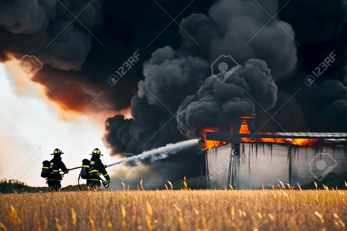 Dramatische Szene. Feuerwehrleute gegen riesiges Feuer, das unter einer schwarzen Rauchwolke steht