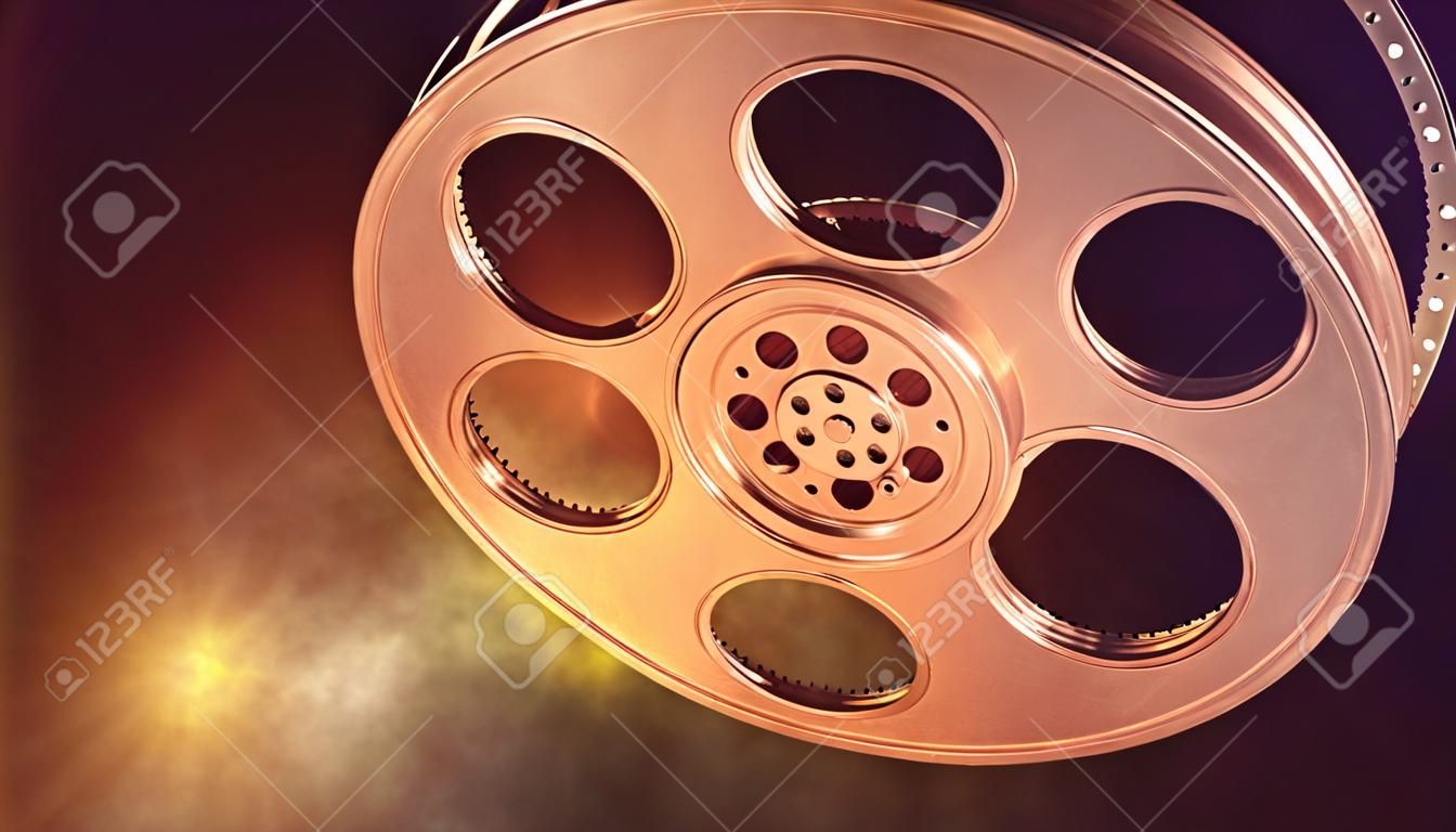 Retro film reel on burn background. Closeup with area for a text. 3d illustration 