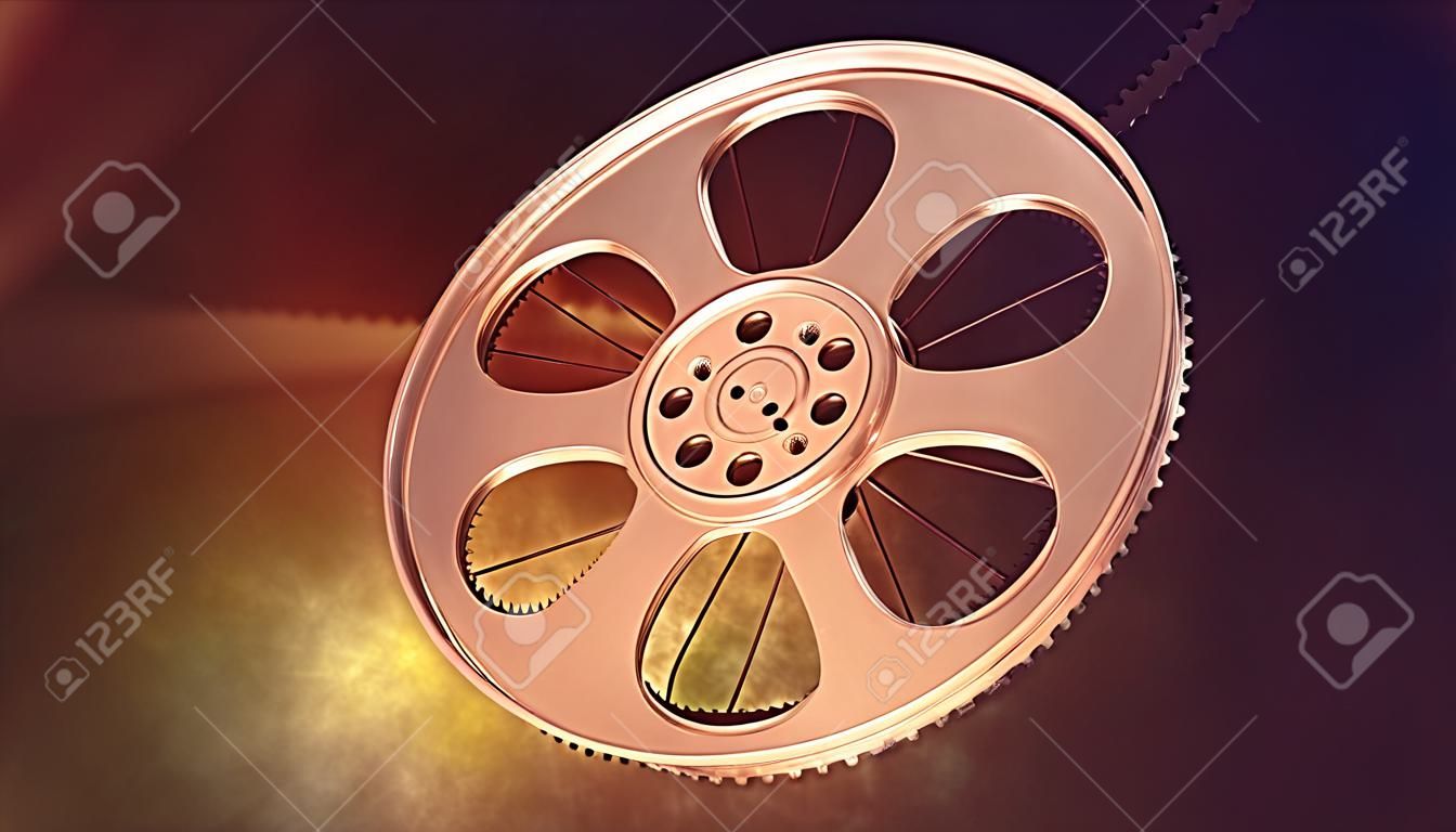 Retro film reel on burn background. Closeup with area for a text. 3d illustration 