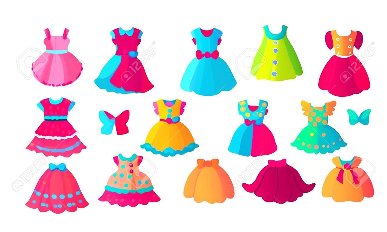 Colorful dresses cartoon vector stickers set. Bright girlish apparel icon collection. Fashionable clothes drawings for kids. Cute apparel items isolated on white. Scrapbook patches