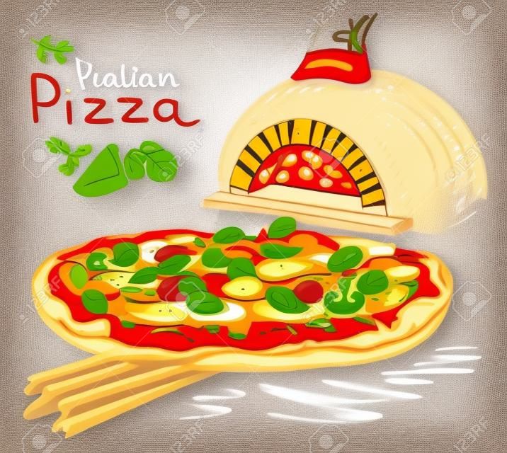 Bella illustrazione della pizza italiana sul tagliere in forno sullo sfondo di lavagna