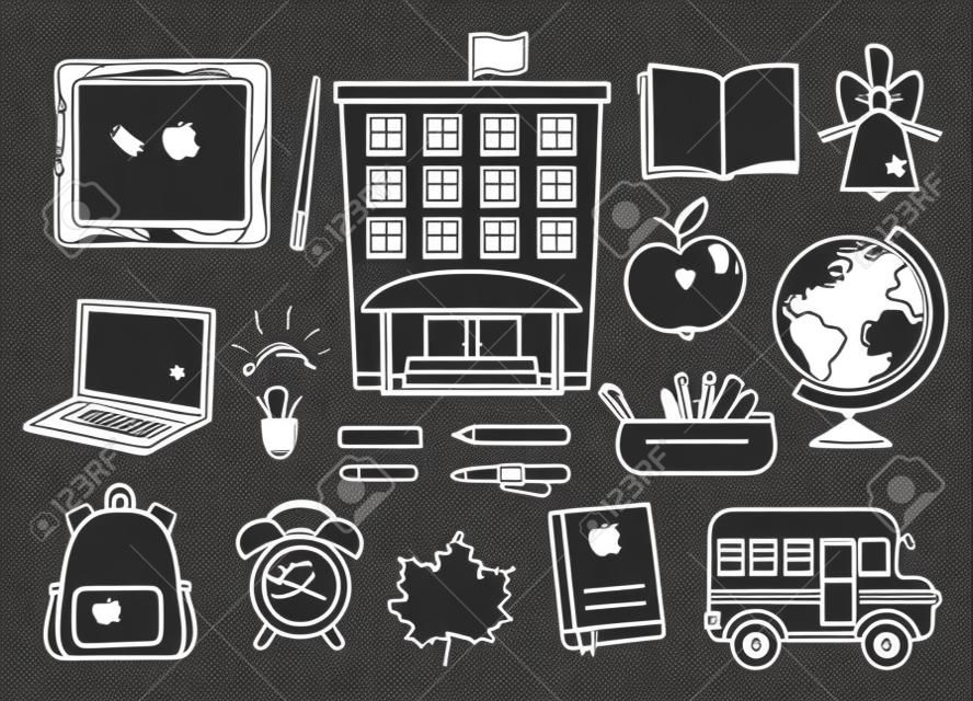 Back to school black and white icons set. Vector educational clipart collection with line objects. Outline college, school or university illustration with laptop, black board, schoolbag, book, pencil case.