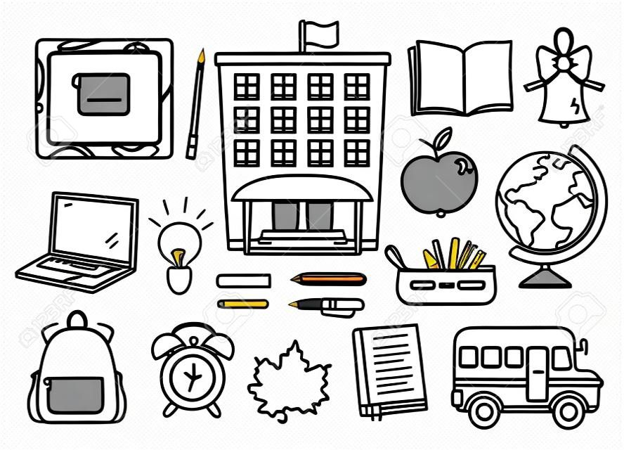 Back to school black and white icons set. Vector educational clipart collection with line objects. Outline college, school or university illustration with laptop, black board, schoolbag, book, pencil case.