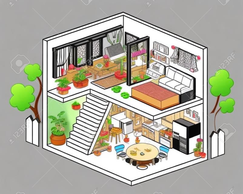 Wektor izometryczny 3d wnętrze domu. urocza linia ilustracji domu z biurem, sypialnią, salonem, kuchnią. czarno-biały rysunek pokoi kreskówek. kolorowanka ładny budynek