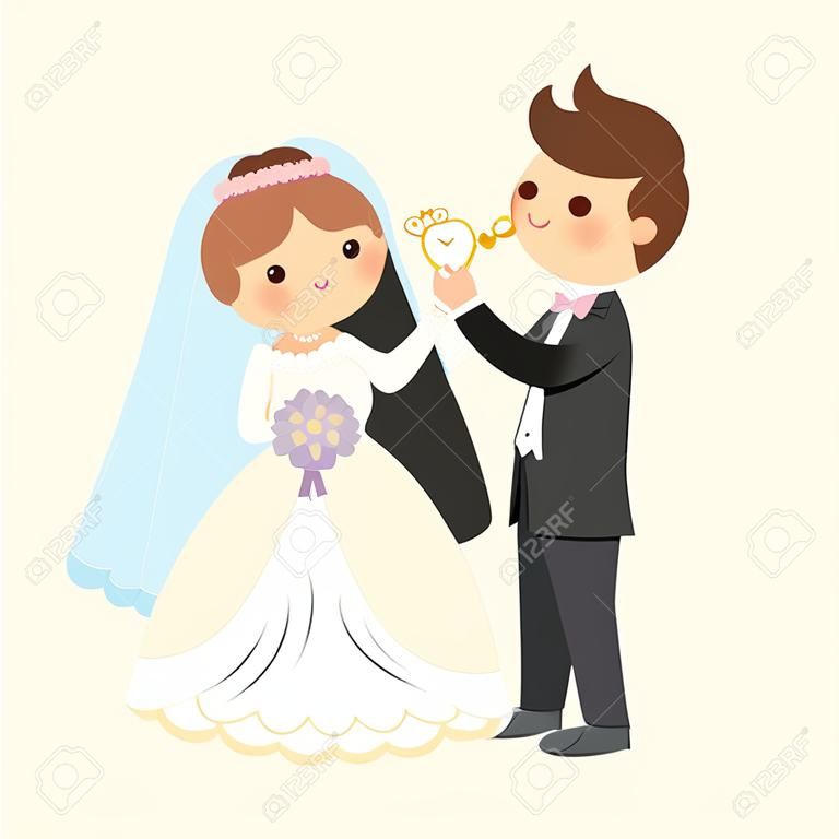 新郎新婦が指輪を交換するベクターイラスト。可愛いばかりの夫婦。結婚式のアイコン。新婚夫婦、夫と妻との漫画の結婚の伝統的なシーン
