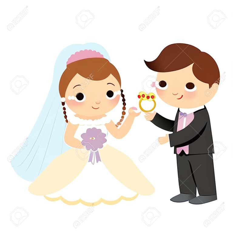 新郎新婦が指輪を交換するベクターイラスト。可愛いばかりの夫婦。結婚式のアイコン。新婚夫婦、夫と妻との漫画の結婚の伝統的なシーン
