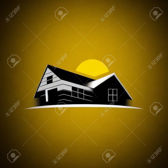 simple flat black illustration of yellow sunset house logo design idea