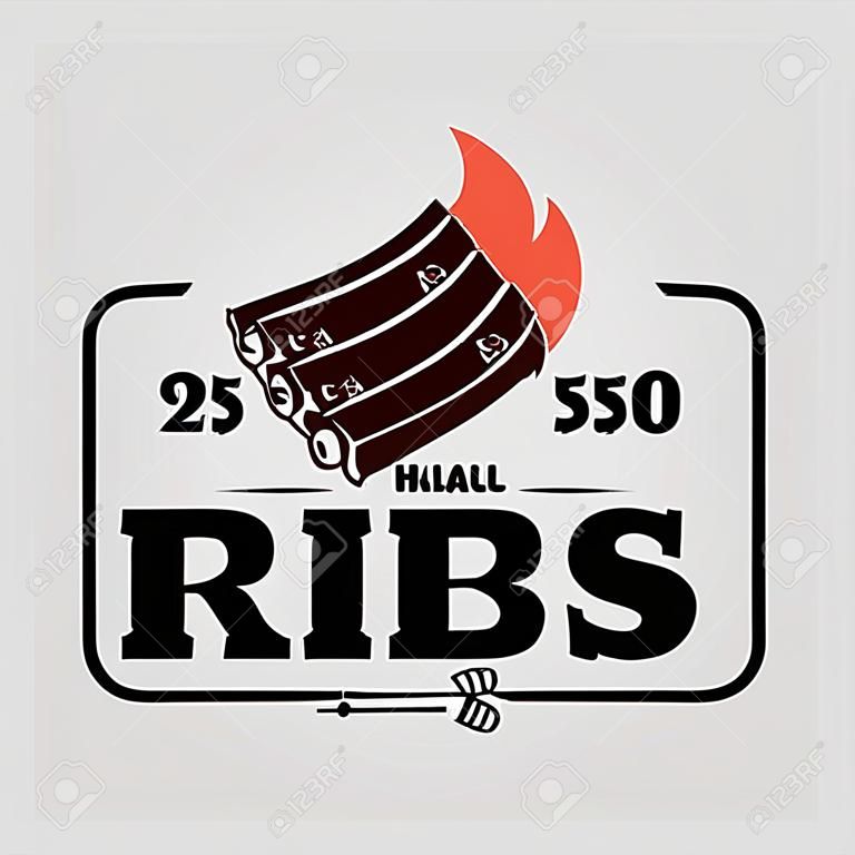 Halal-Rippen-Grillvektor-Logo-Grafiketikettendesign oder gebratene Speisen- und Getränkeplakatschablonenidee