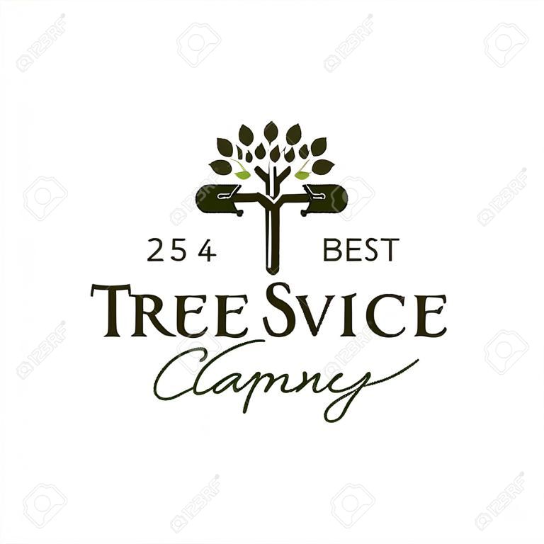 tree service logo design template idea. chainsaw and leaf vector badge inspiration