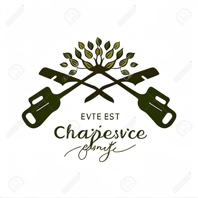 tree service logo design template idea. chainsaw and leaf vector badge inspiration