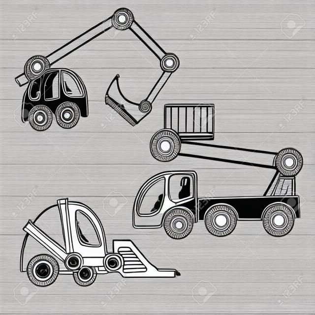 Construction Machinery hand drawn doodle set. line art of three cars excavator, wheel loader, aerial work platform