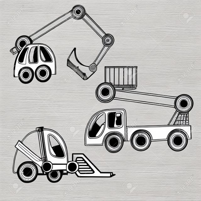 Construction Machinery hand drawn doodle set. line art of three cars excavator, wheel loader, aerial work platform
