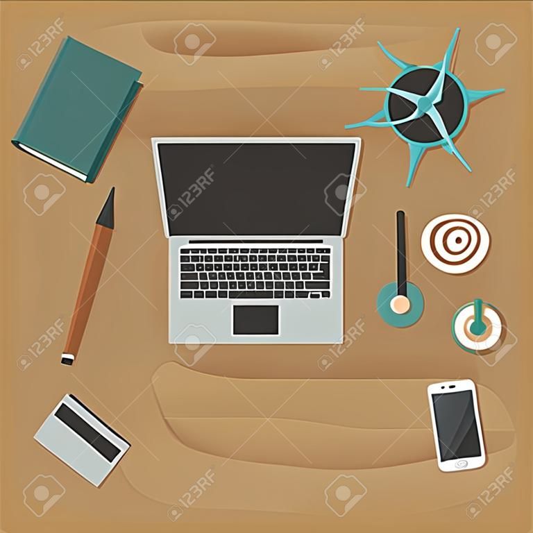 Workplace. Top view. Isolated objects. Vector cartoon illustration. Flat design.