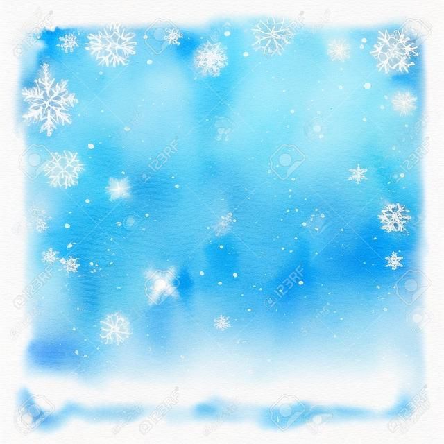 冬季水彩背景。藍天落下的雪花
