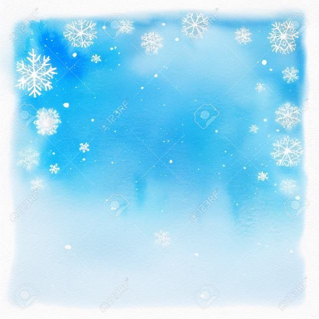 invierno de fondo de acuarela. Cielo azul con copos de nieve cayendo