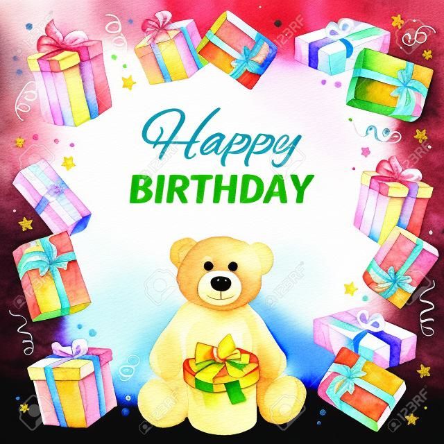 Card Happy Birthday. square frame of gifts and Teddy Bear. watercolor. watercolor. Vector watercolor.