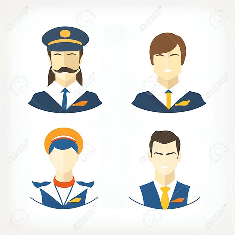 Icone vettoriali raffiguranti diverse professioni piloti e assistenti di volo piuttosto in uniforme