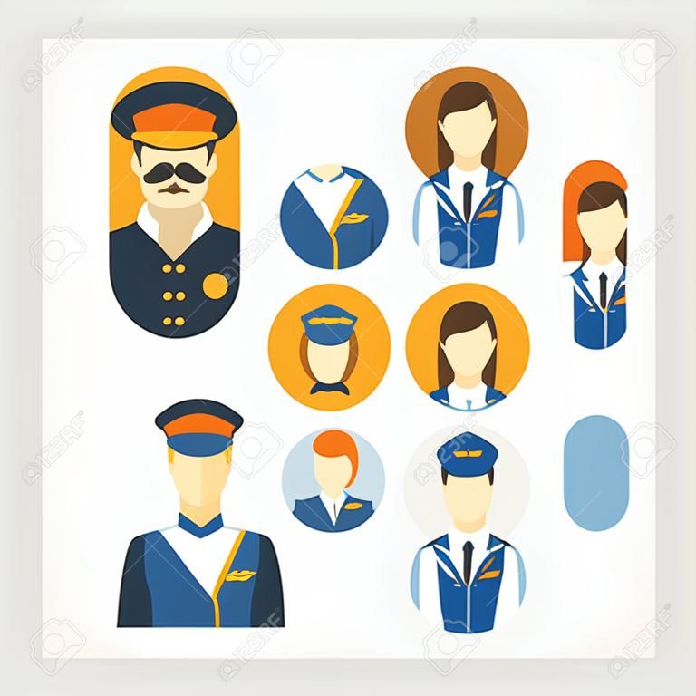 矢量圖標描繪不同的職業飛行員和漂亮的空姐制服