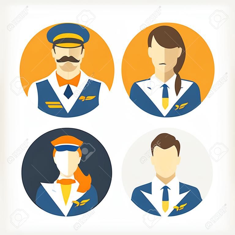 Vector pictogrammen afgebeeld verschillende professionals piloten en mooie stewardess in uniform