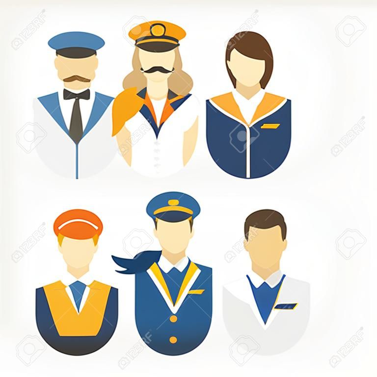 Wektor ikony przedstawiające różne zawody pilotów i ładna stewardesa w mundurze