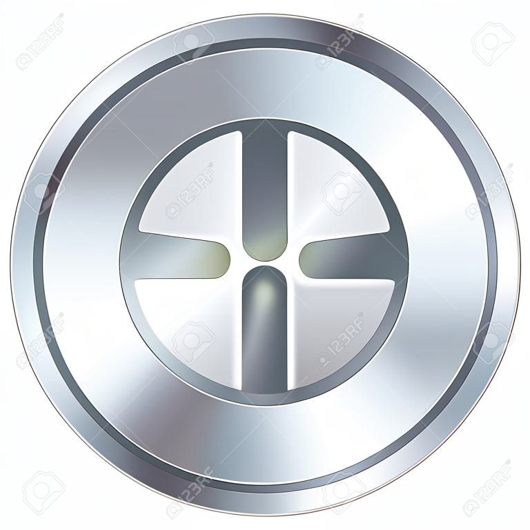 Computer power icon on round stainless steel modern industrial button 