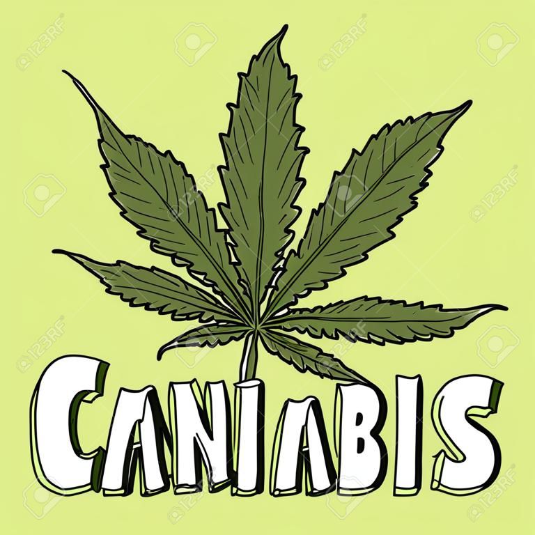 Doodle cannabis style de feuille de marijuana croquis en format vectoriel comprend du texte et des plantes en pot