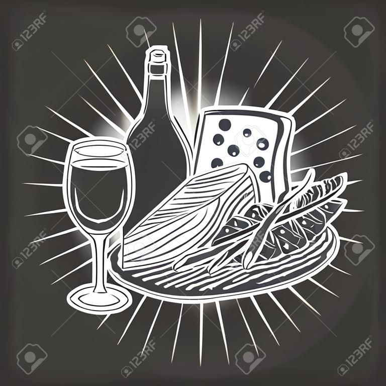 Cheese and wine. Hand-made drawing for menus, blackboards, posters and decoration of bars, clubs, pubs and restaurants.