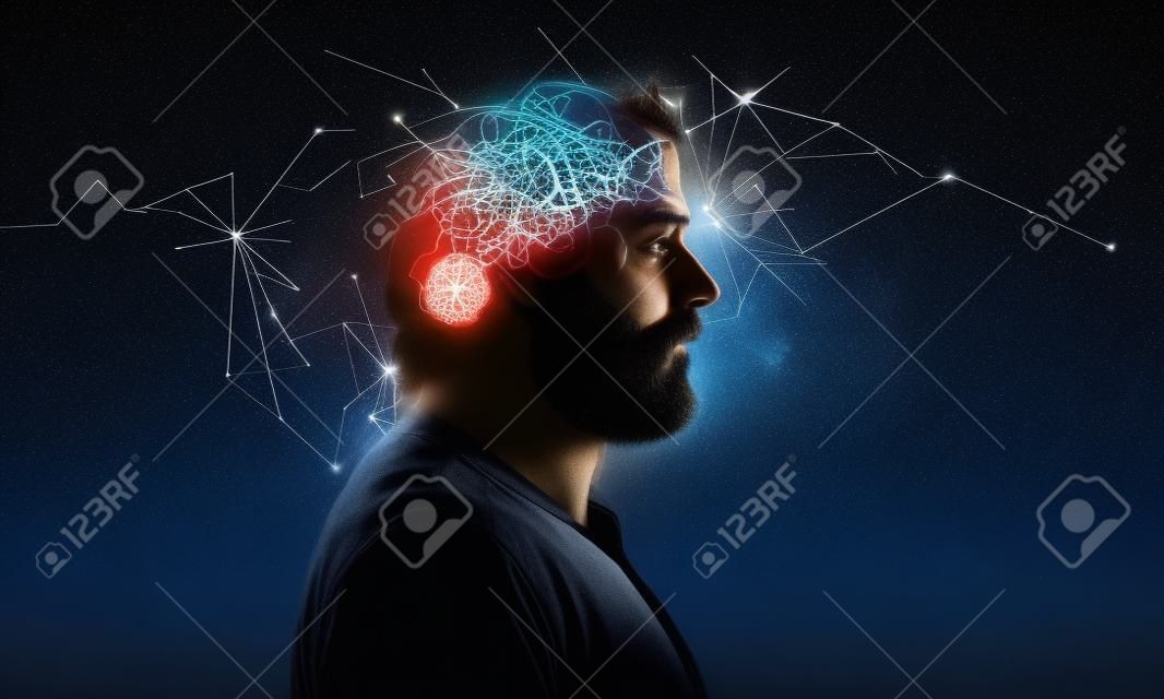 Profilo di uomo bearded con simbolo neuroni nel cervello. Pensando come stelle, il cosmo all'interno dell'uomo, cielo notturno di sfondo