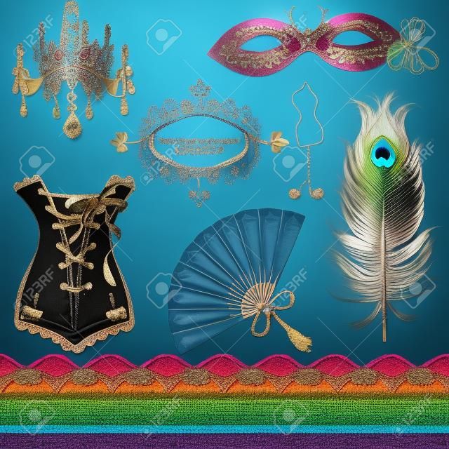 Set di elementi per le donne - Maschera di Carnevale, Corsetto, piume del pavone, Ventilatore
