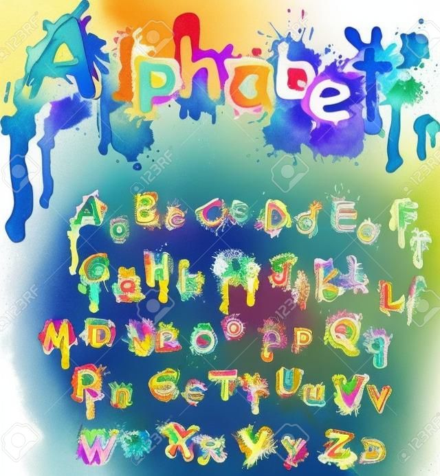 Hand drawn alphabet - letters are made of  water colors, ink splatter, paint splash font.