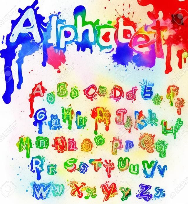 Hand drawn alphabet - letters are made of  water colors, ink splatter, paint splash font.