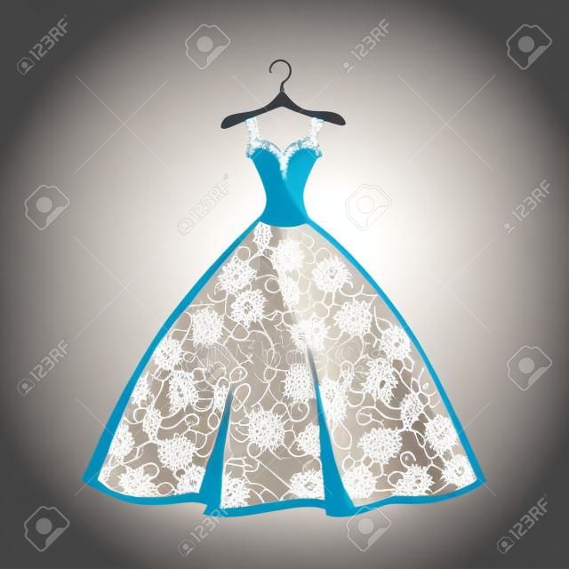 Кружевное свадебное платье на вешалке. Красивые векторные иллюстрации. Силуэт.