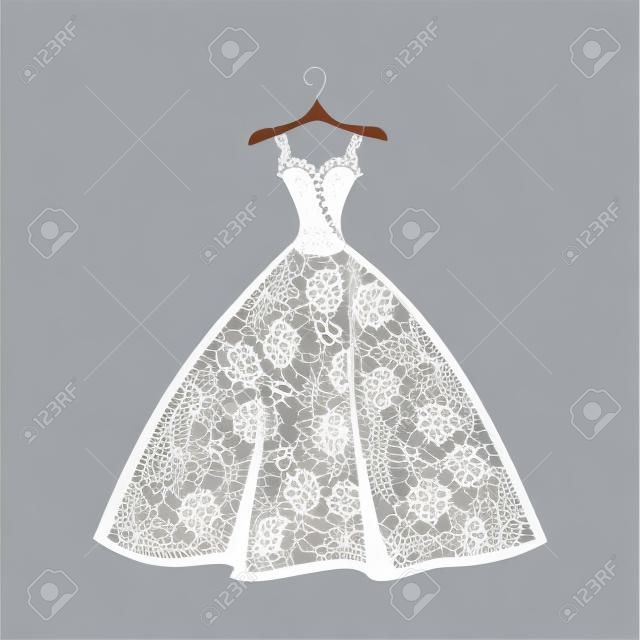 Spitze Hochzeitskleid auf einem Kleiderbügel. Schöne Vektorillustration. Silhouette.