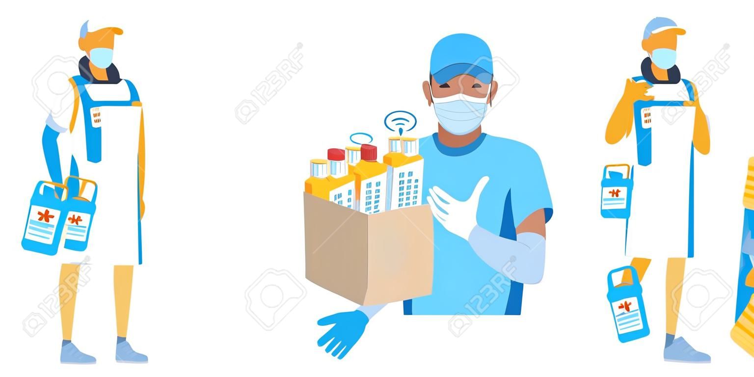 A courier wearing a protective mask and gloves delivers medicines. Quarantine and medicine. Vector illustration isolated on white background.