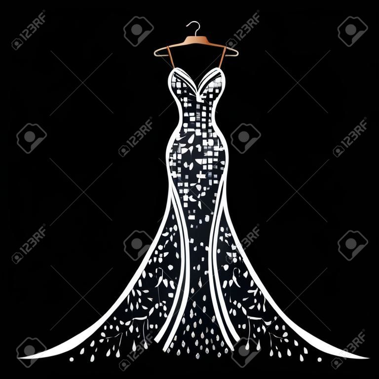 A beautiful wedding dress hangs on a hanger. Beauty and fashion. Background vector illustration template for invitation or card.