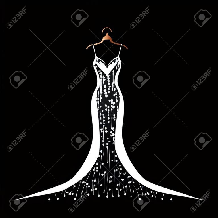 Un hermoso vestido de novia cuelga de una percha. Belleza y moda. Plantilla de ilustración vectorial de fondo para invitación o tarjeta.