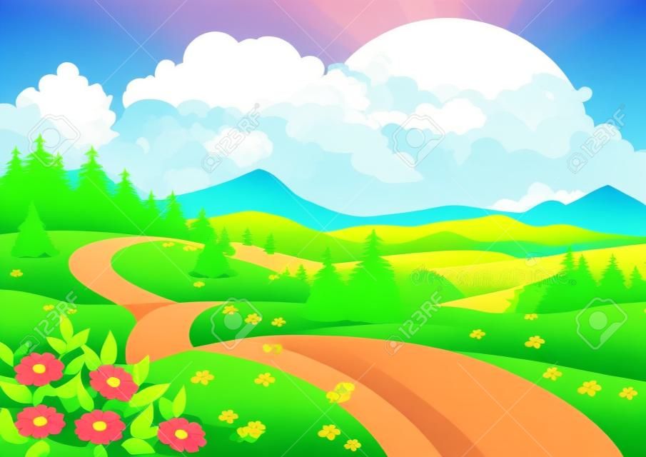 Fairy tale background with path, hills, meadows, forest and mountains in cartoon style. Vector illustration.