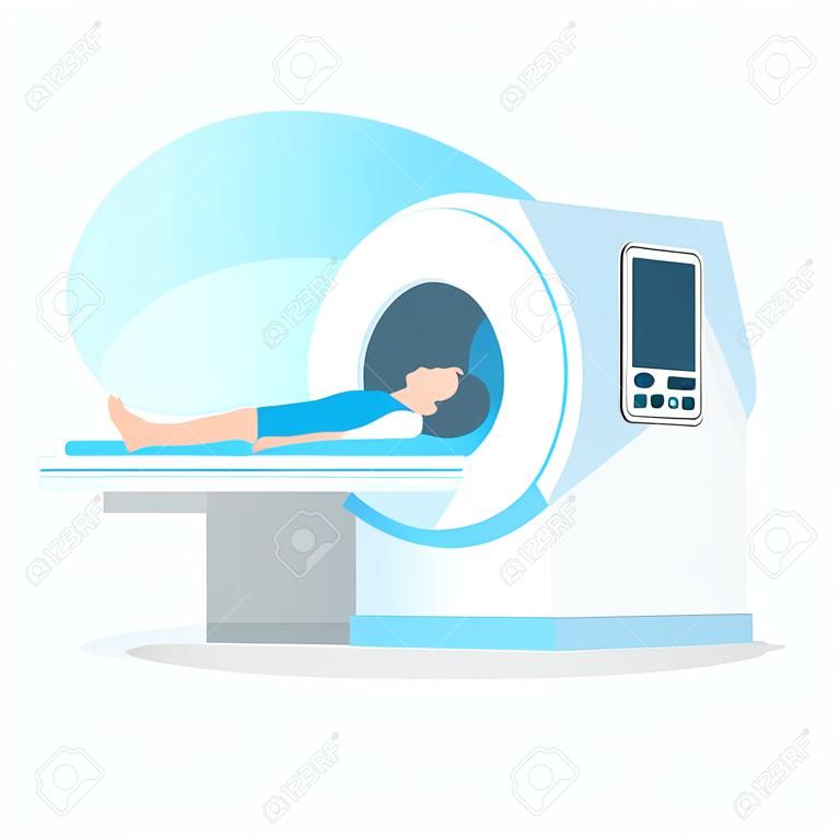 Ilustración vectorial de un paciente que se somete a un diagnóstico de resonancia magnética en un centro médico. imagen de resonancia magnética. tecnologías médicas modernas.