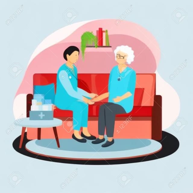 Doctor provide medical care to an elderly patient at home. Call an ambulance at home. Thank you doctors and nurses for saving lives. vector illustration.