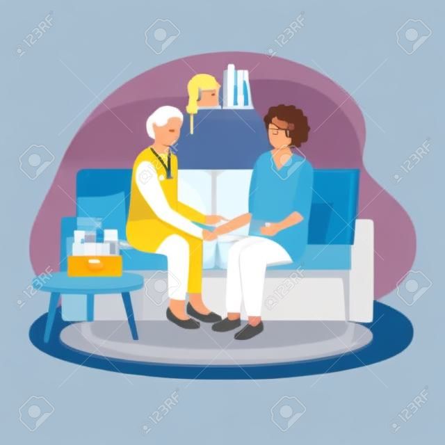 Doctor provide medical care to an elderly patient at home. Call an ambulance at home. Thank you doctors and nurses for saving lives. vector illustration.