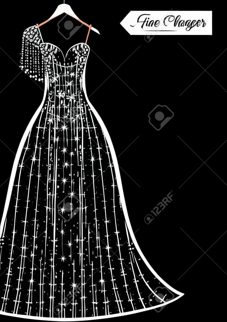 Hanging on a hanger is a beautiful lace and sparkly dress for wedding, evening or prom. beauty and fashion. Background vector illustration template for invitation, flyer or card.