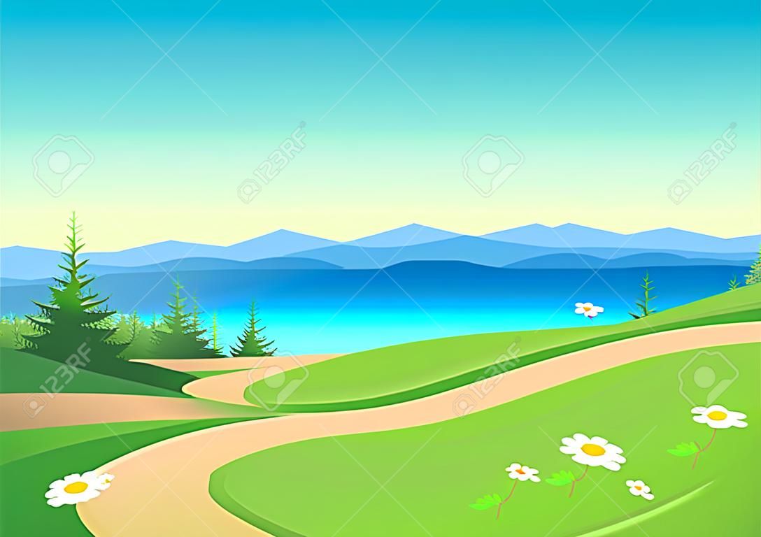 Path through a flowering meadow against the backdrop of a beautiful landscape. Travel and outdoor recreation. Vector illustration of beautiful nature.